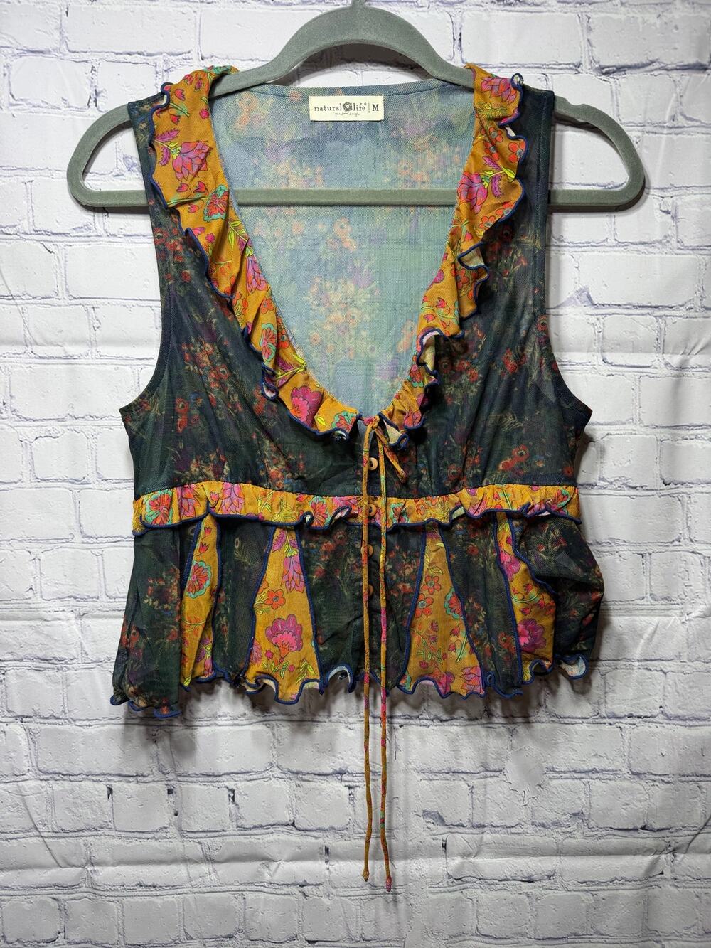 Natural Life Sierra Sleeveless Mesh Top Floral V-Neck Sz M Boho Whimsigoth